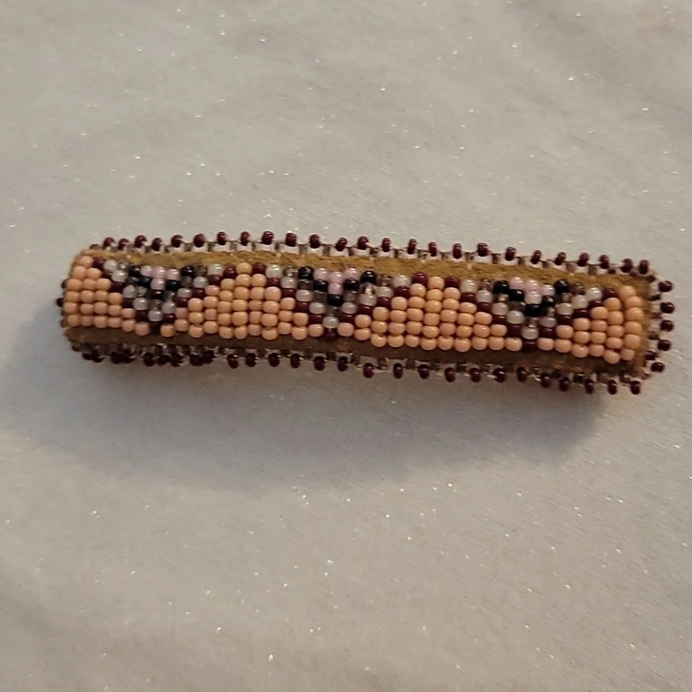 HANDMADE Pink Leather Navajo Design Seed Beaded Barrette
